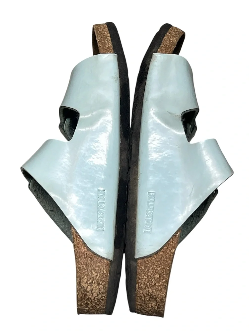 Birkenstock Arizona light blue patent leather two strap sandals